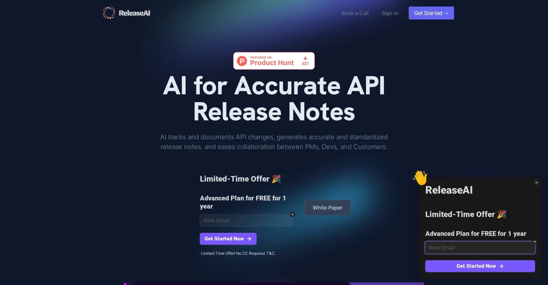 Release AI homepage screenshot — Automate API change tracking and release notes.