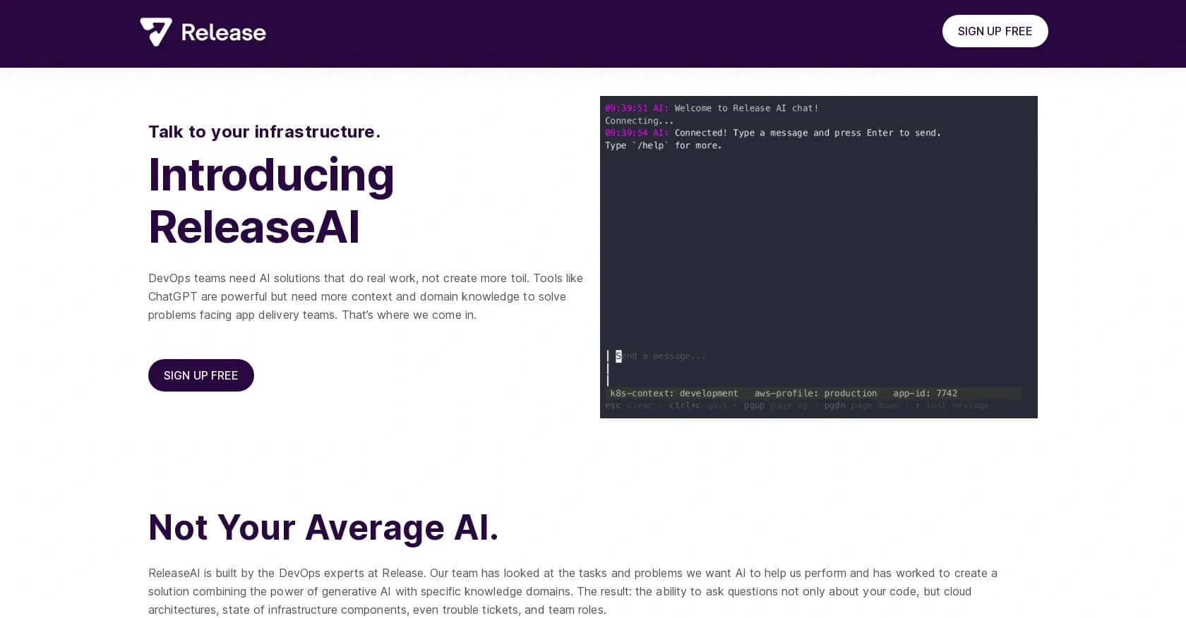 Release.ai homepage screenshot — Talk to your infrastructure.