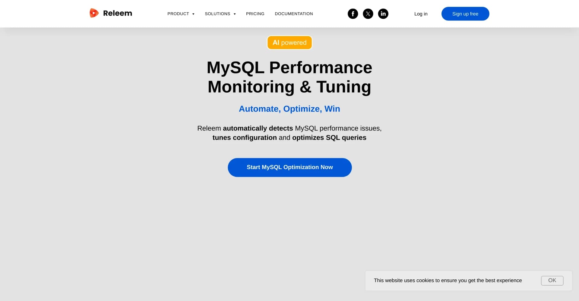 Releem homepage screenshot — Supercharge MySQL performance with one-click tuning.