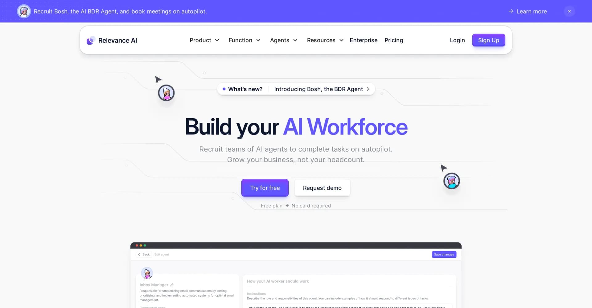 Relevance AI homepage screenshot — Build your AI workforce and automate business processes.