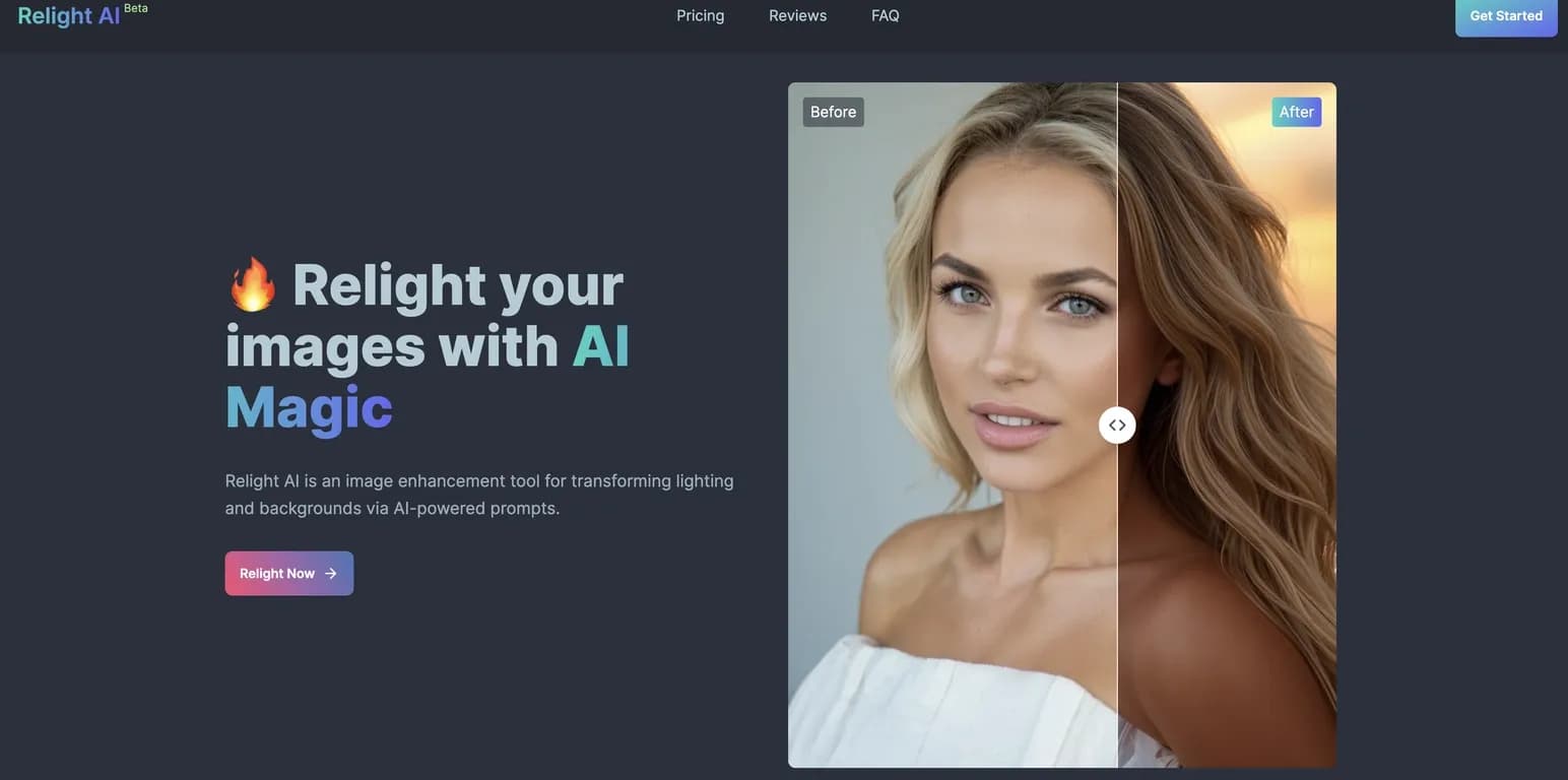 Relight homepage screenshot — Transform photo lighting with AI prompts.