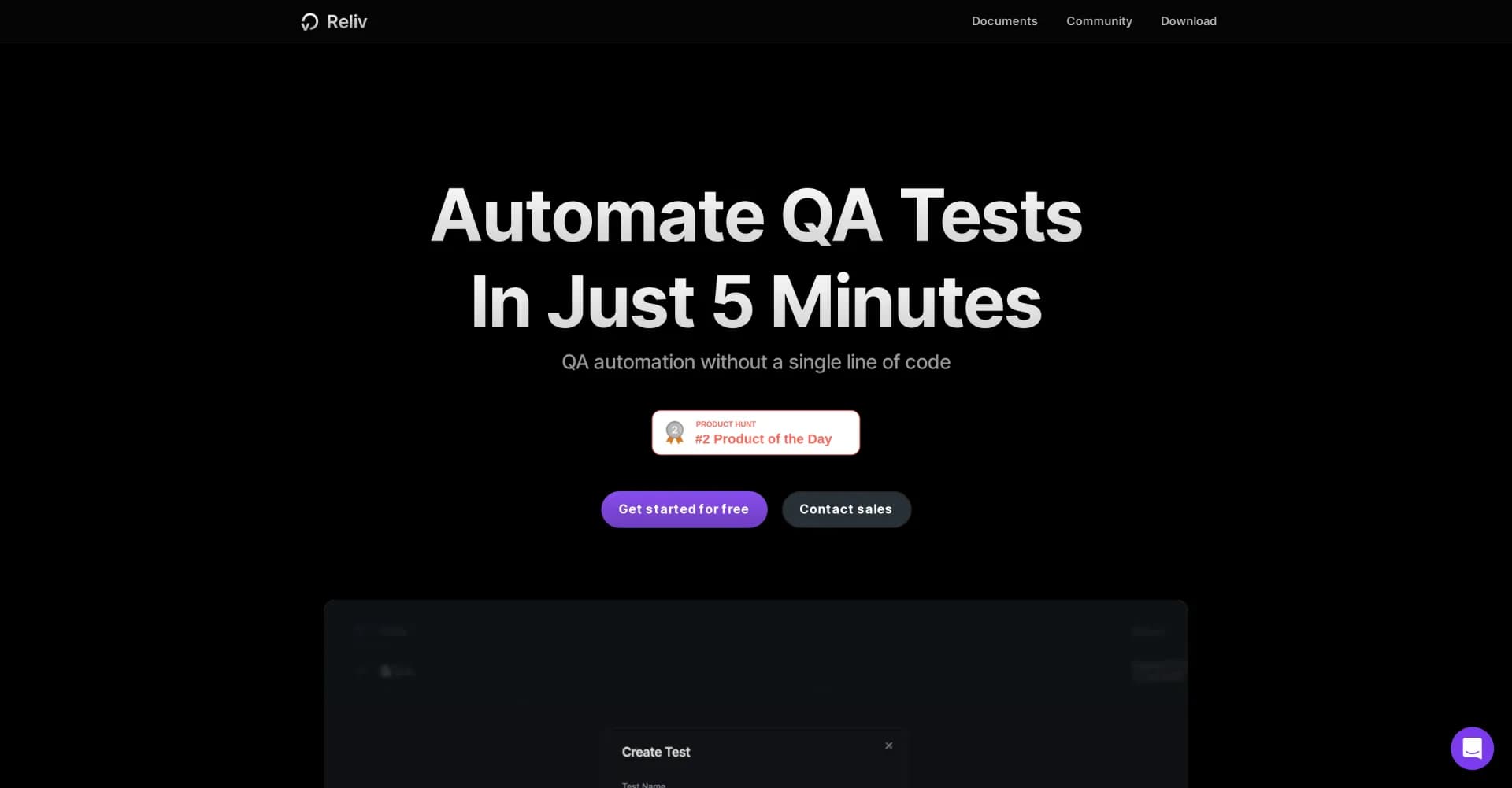 Reliv homepage screenshot — Automate QA tests in minutes