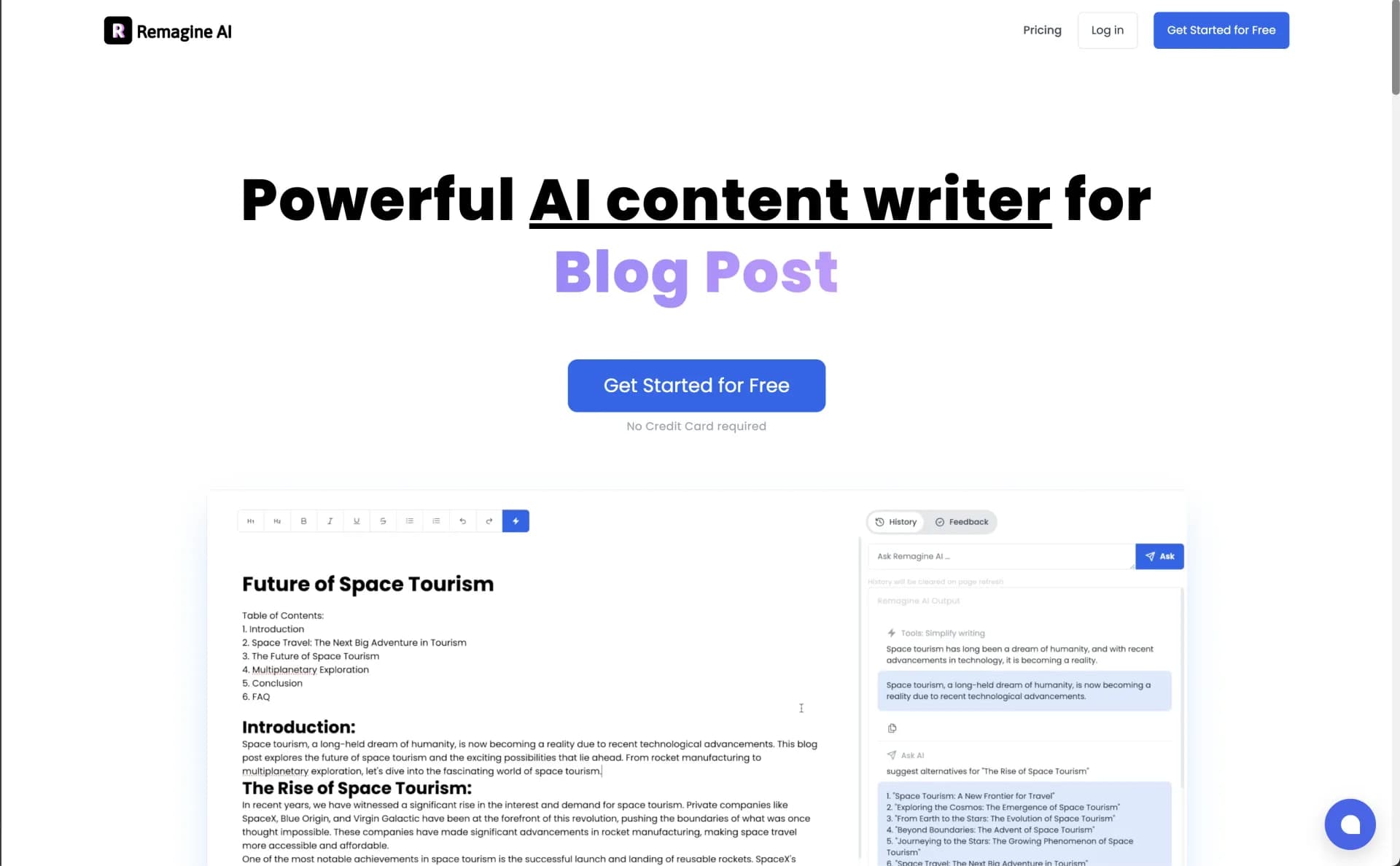RemagineAI homepage screenshot — AI-copilot for Marketing Content Generation
