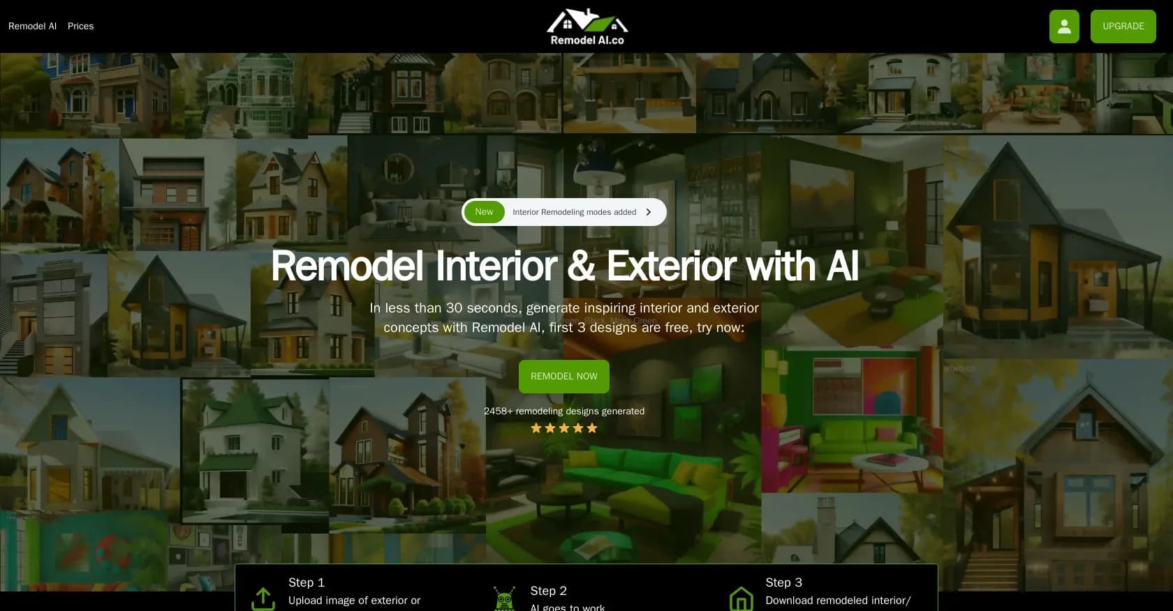 Remodel AI homepage screenshot — Transform your home with AI-generated designs in seconds