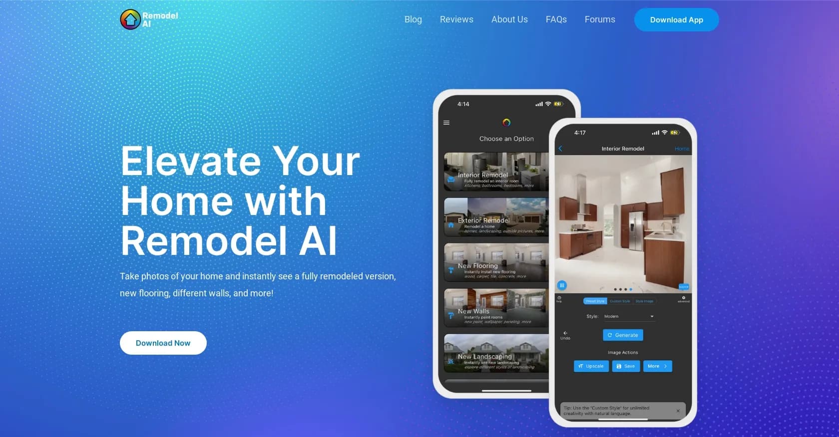 RemodelAI homepage screenshot — Transform your home instantly with AI renovations.