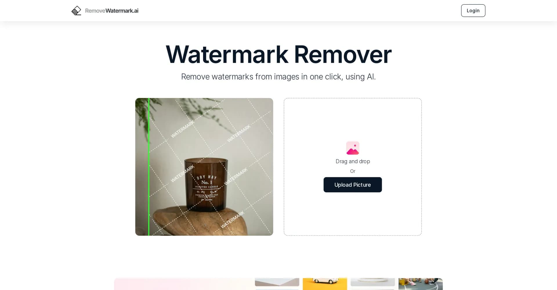 RemoveWatermark homepage screenshot — Remove watermarks from images instantly with AI.
