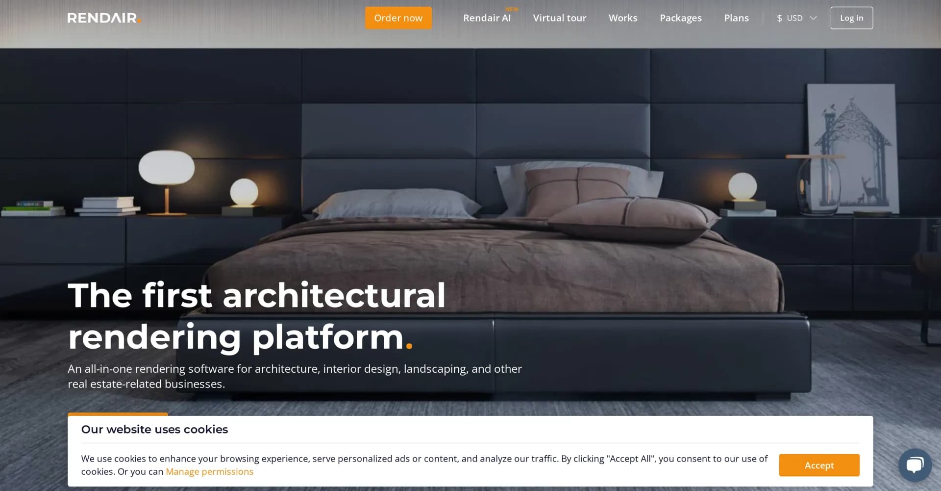 Rendair homepage screenshot — The first all-in-one architectural rendering platform.