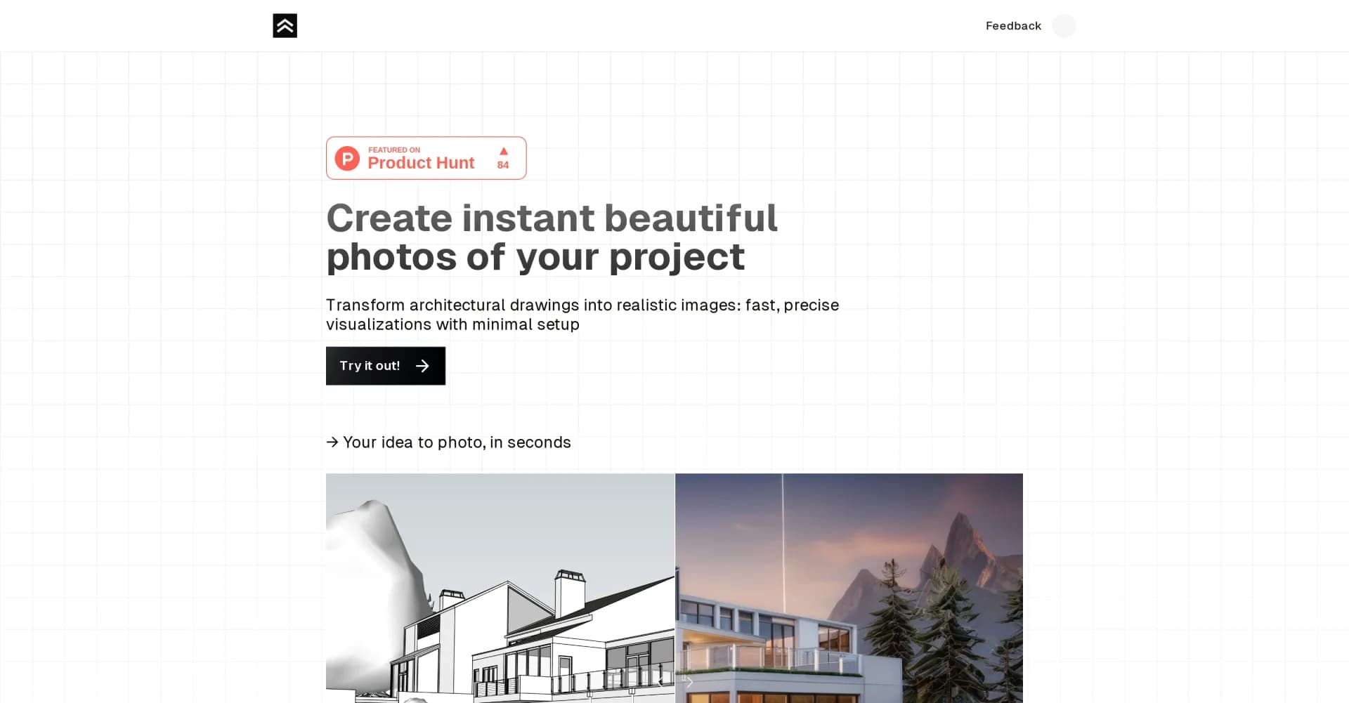 Render a House homepage screenshot — Transform drawings into stunning home visuals instantly.