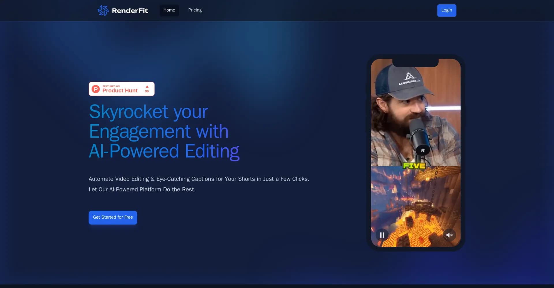 RenderFit homepage screenshot — AI-powered video editing for eye-catching captions.