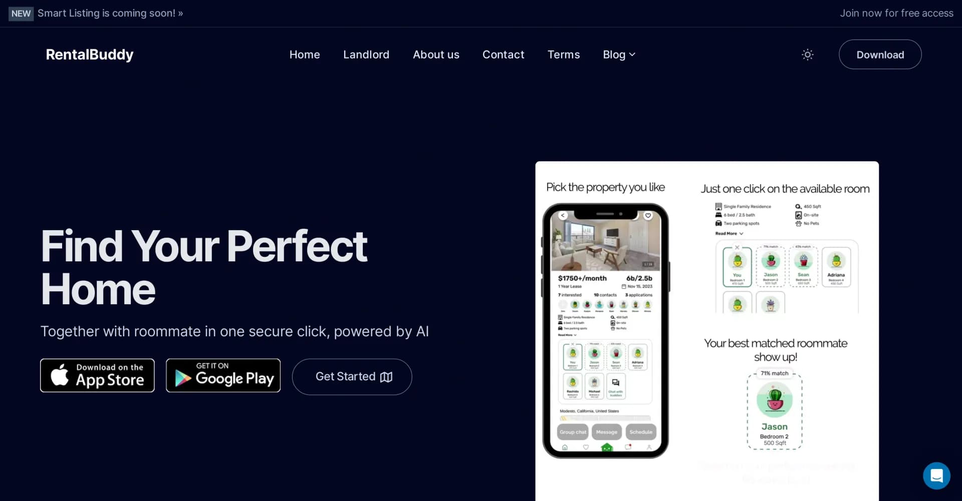 RentalBuddy homepage screenshot — AI-powered rental solution for seamless home and roommate ma