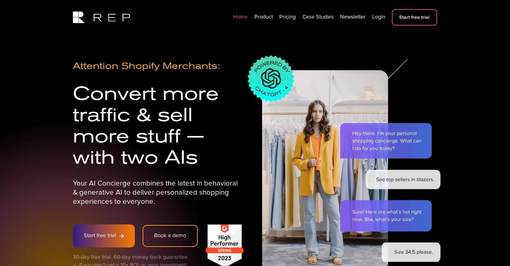 RepAI homepage screenshot — AI-powered sales concierge for Shopify stores