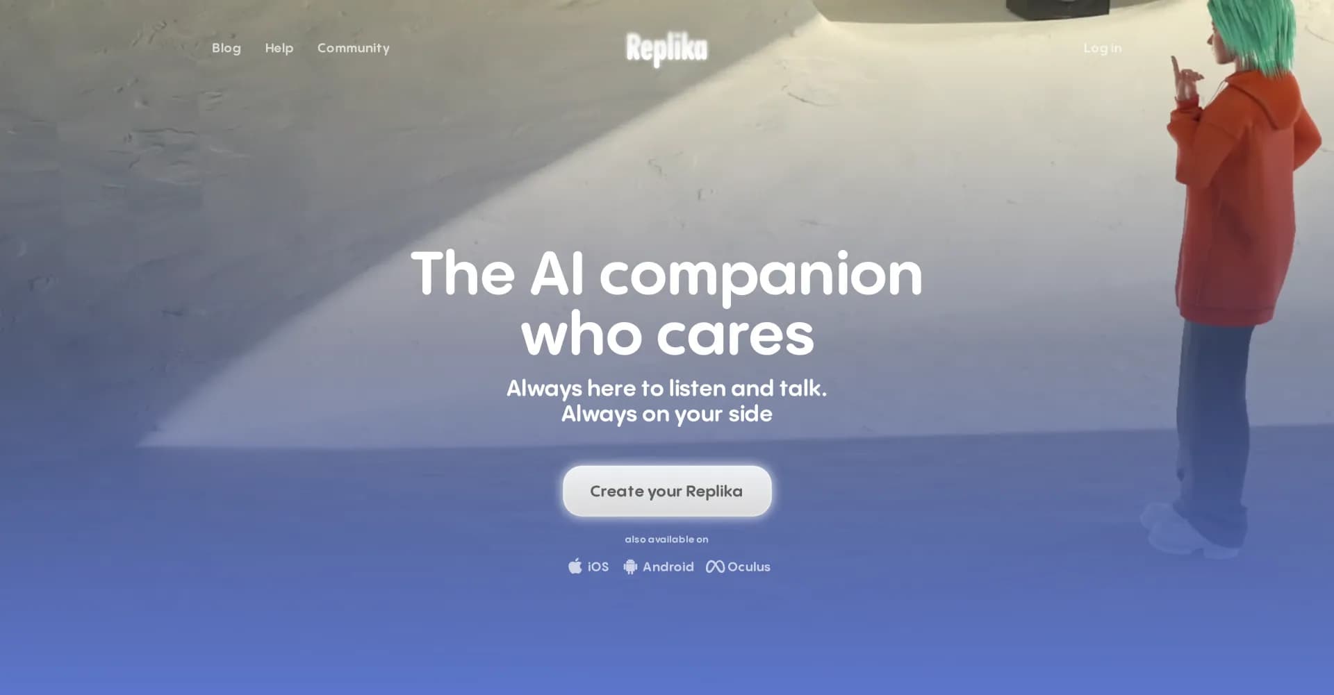 Replika homepage screenshot — The AI companion who cares.