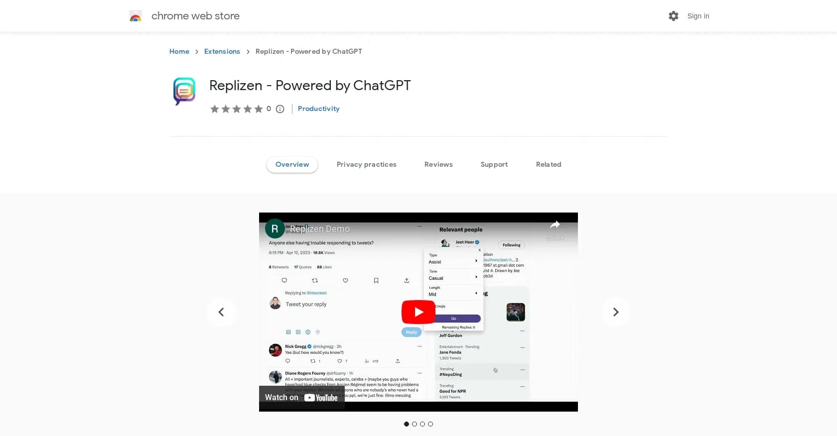 Replizen homepage screenshot — Twitter reply generator Chrome extension.