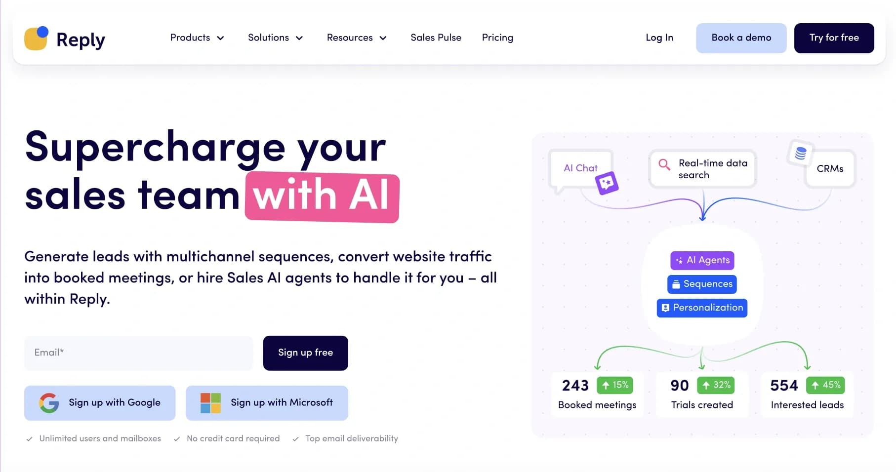 Reply homepage screenshot — Generate leads, convert website traffic, hire sales AI SDRs-