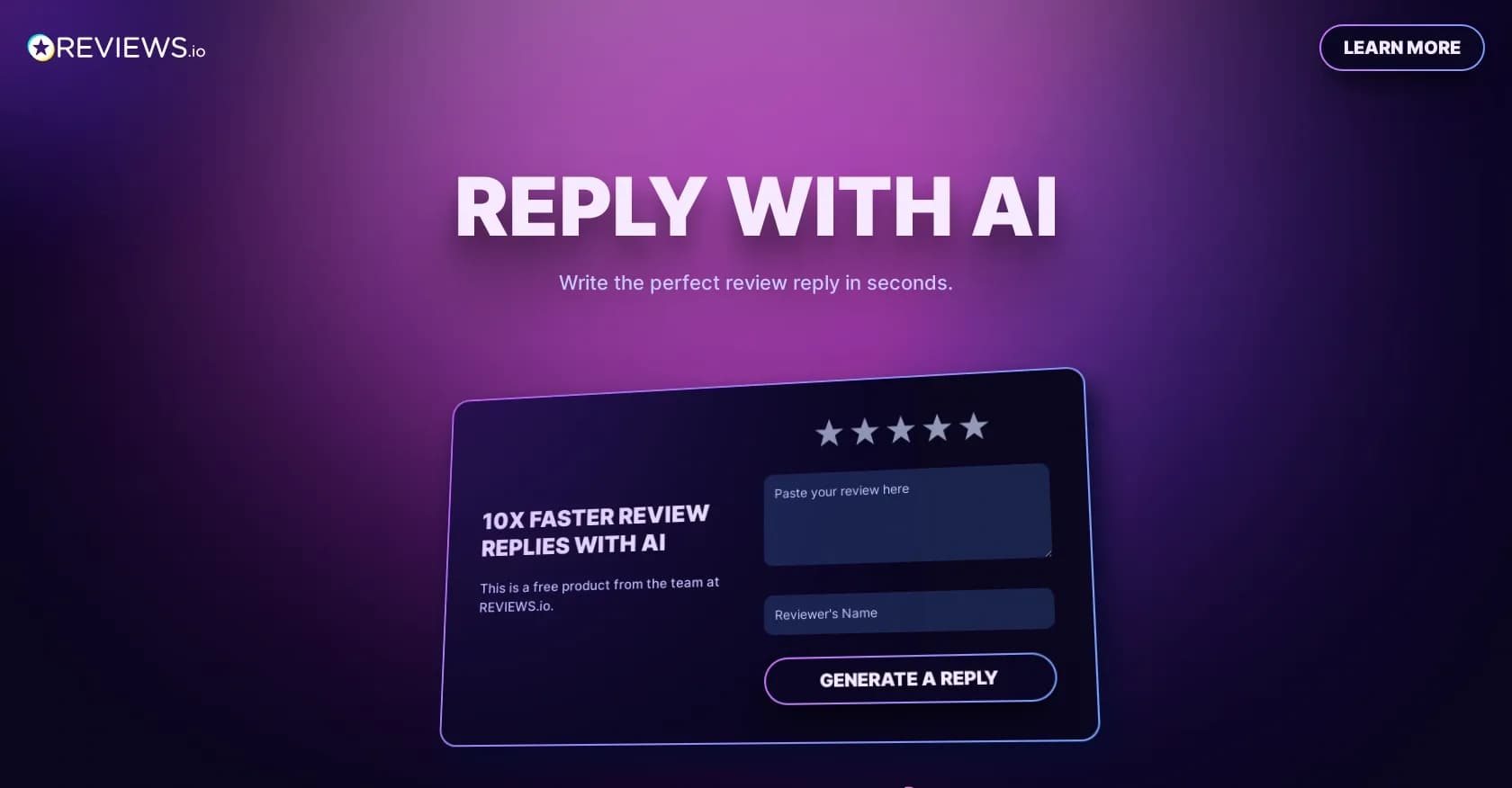 Reply With AI homepage screenshot — Write perfect review replies 10x faster with AI.