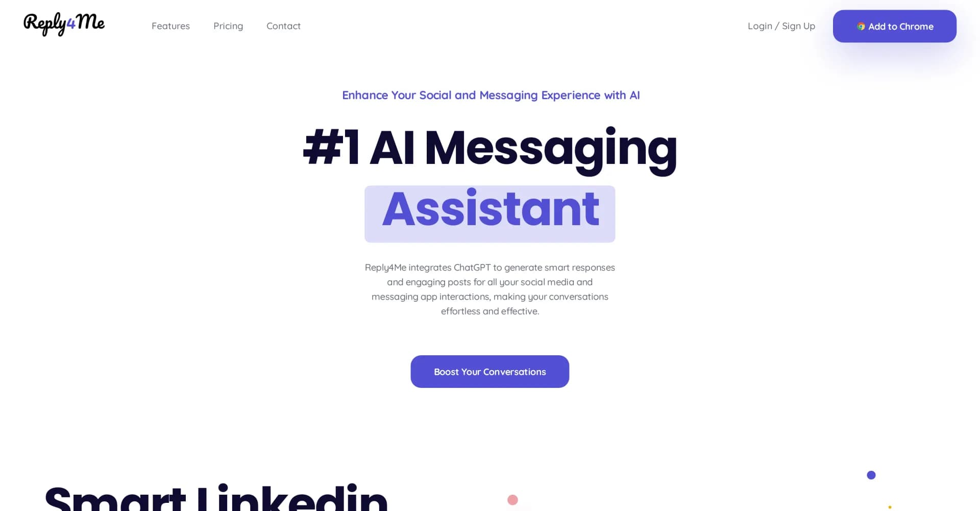 Reply4Me homepage screenshot — AI-powered smart replies for effortless conversations.