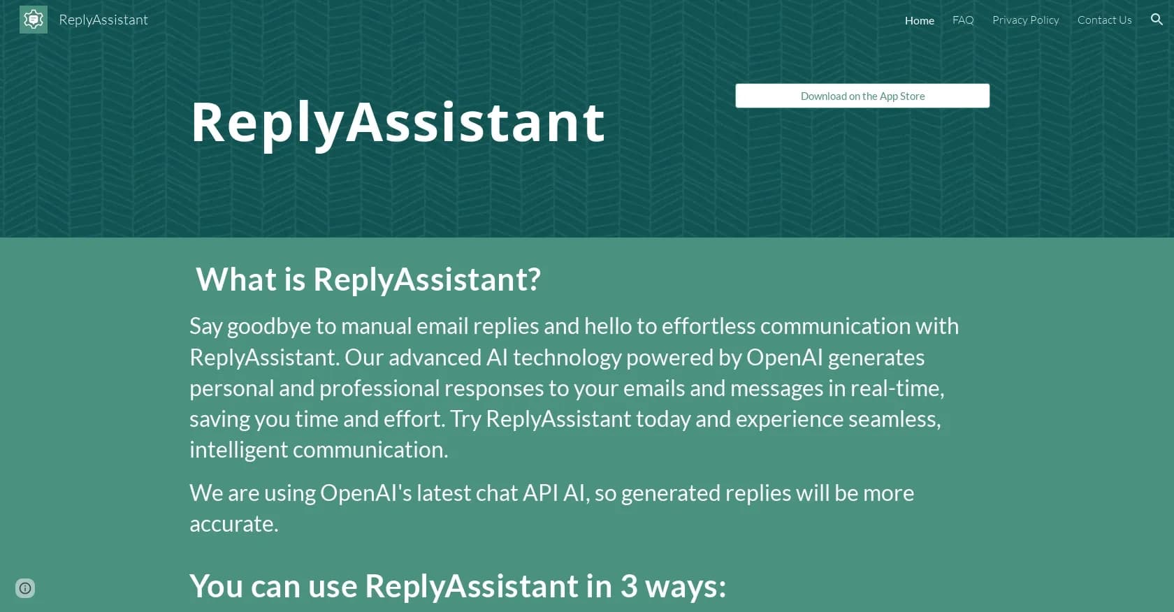 ReplyAssistant homepage screenshot — AI-powered email replies for effortless communication.