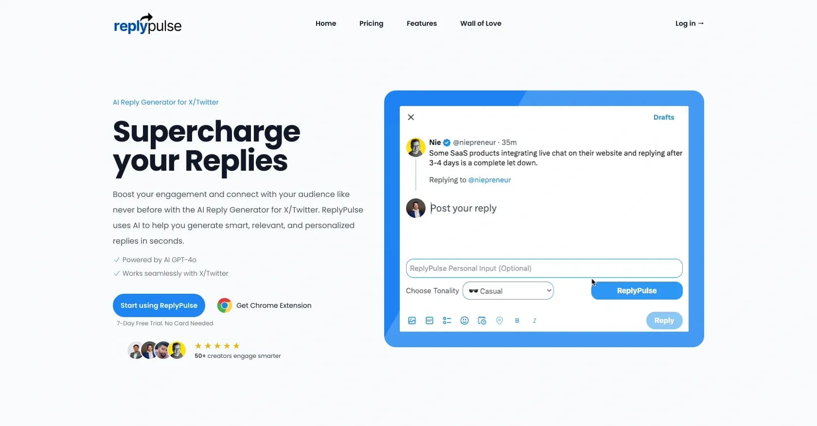 ReplyPulse homepage screenshot — Supercharge your X/Twitter replies with AI-powered engagemen