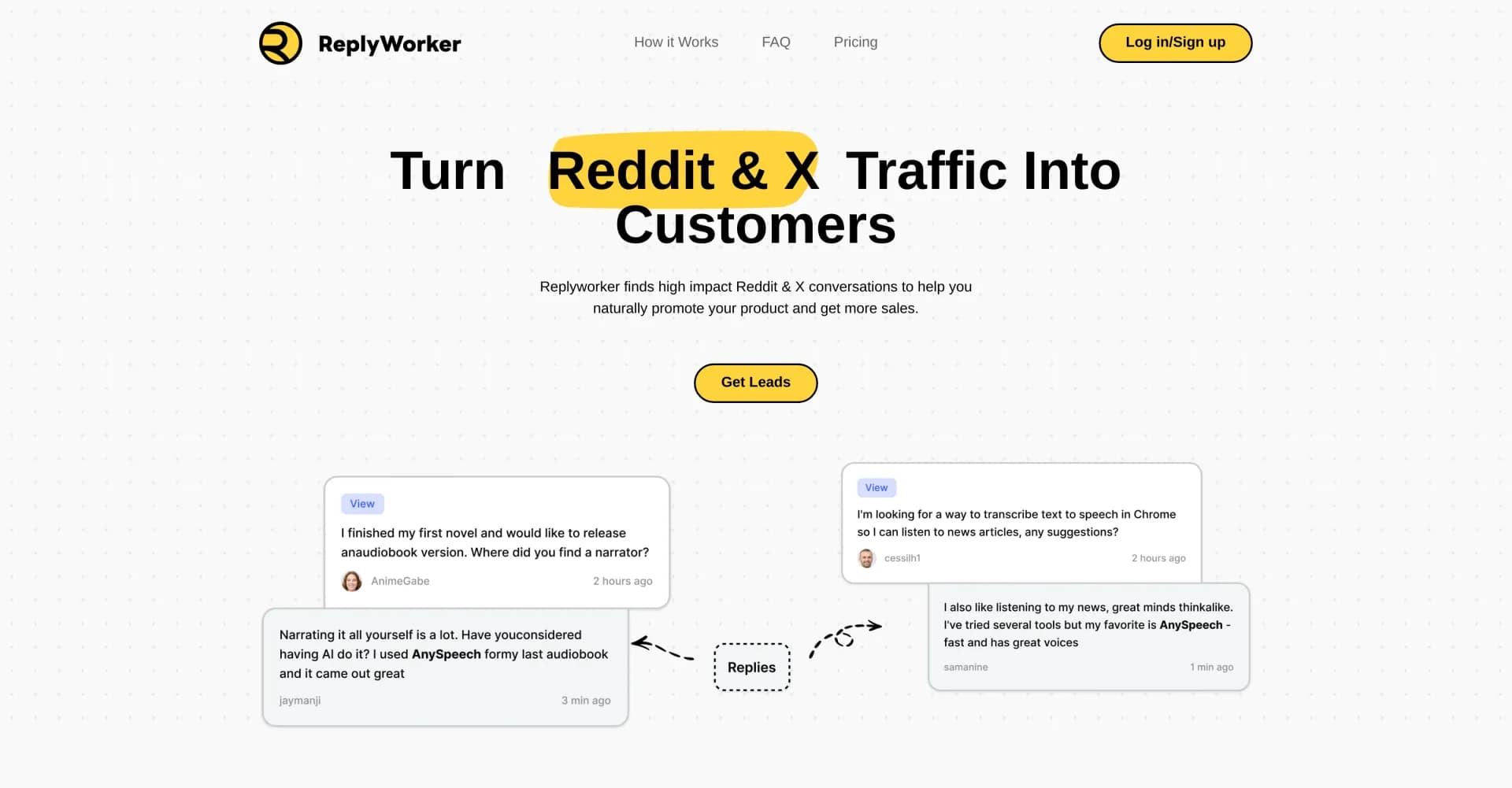 ReplyWorker homepage screenshot — AI that mentions your product in online conversations natura