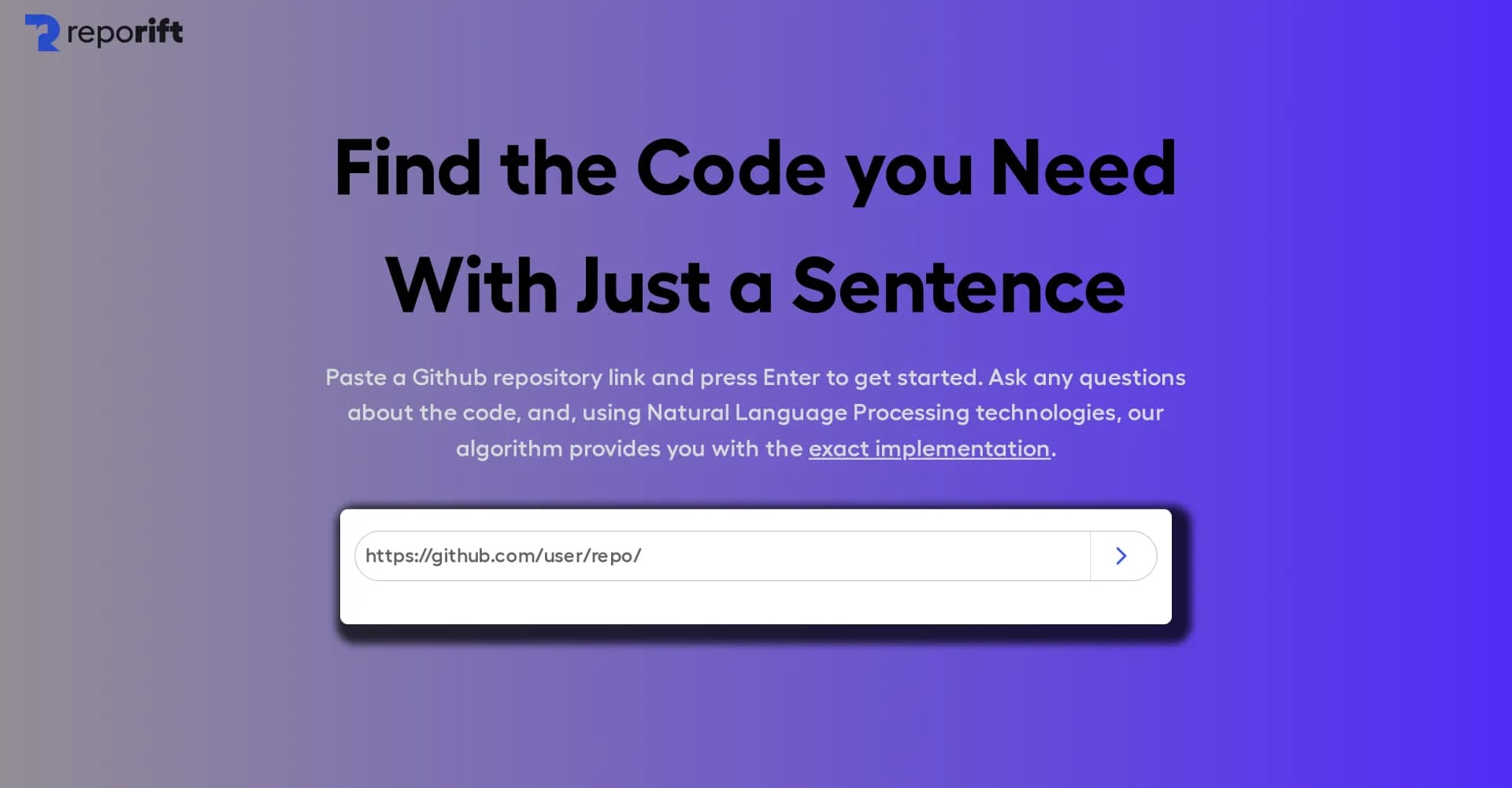 RepoRift homepage screenshot — Connect complex ideas to code snippets effortlessly.