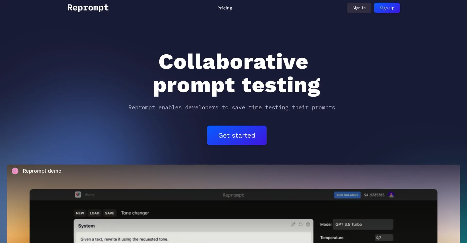 Reprompt homepage screenshot — Supercharge AI prompt testing for developers.