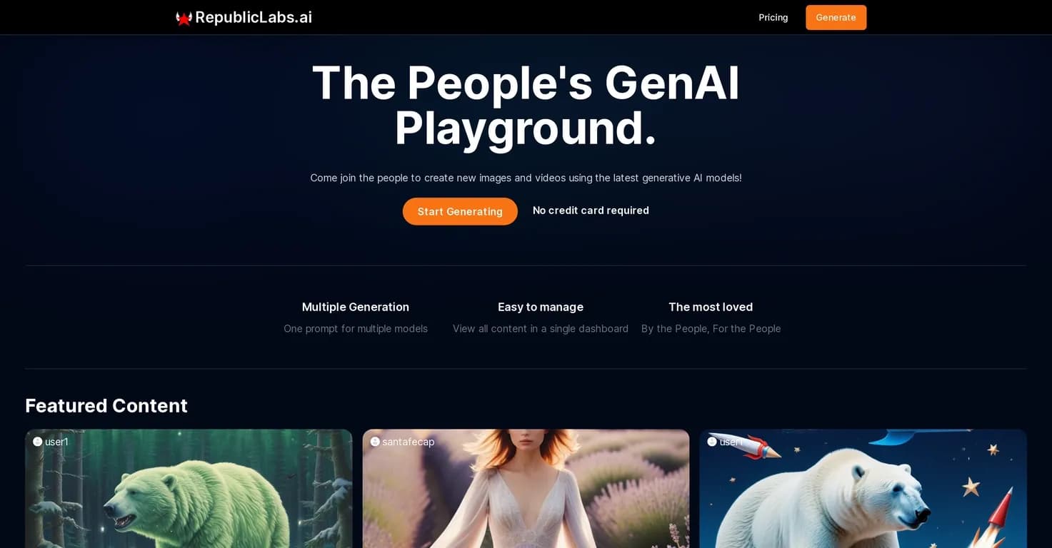 Republic Labs AI homepage screenshot — Create new images and videos using generative AI.