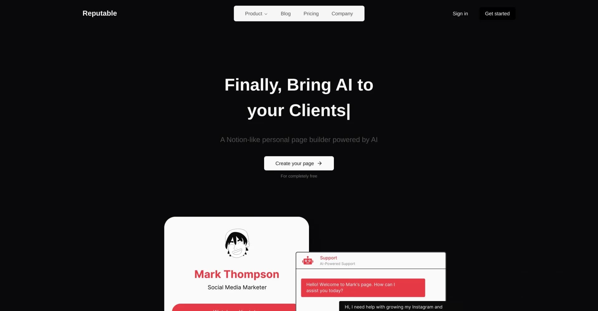 Reputable homepage screenshot — Create AI-powered Notion-style pages with custom chatbots