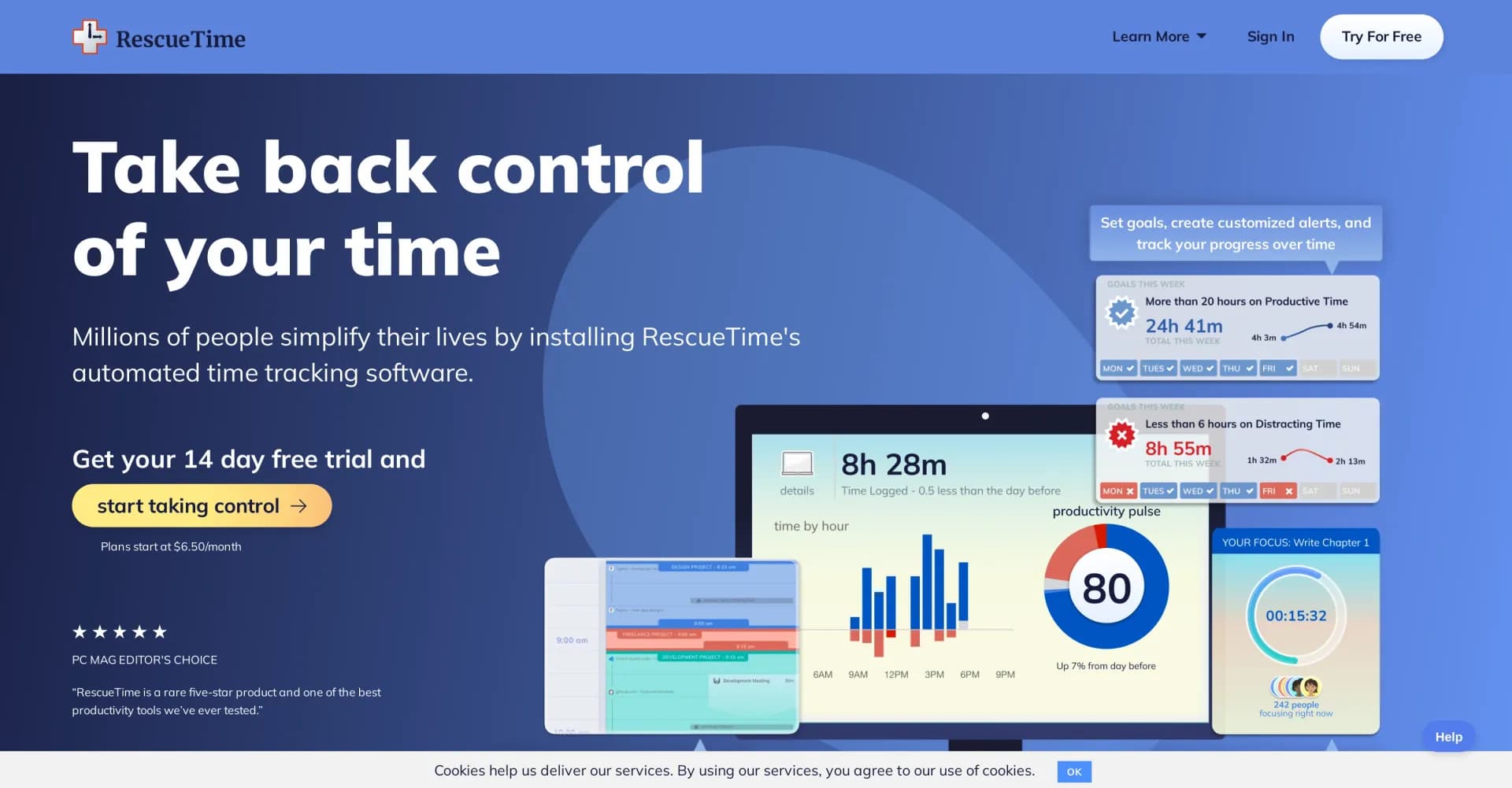 RescueTime homepage screenshot — Fully automated time tracking software to reclaim your day.