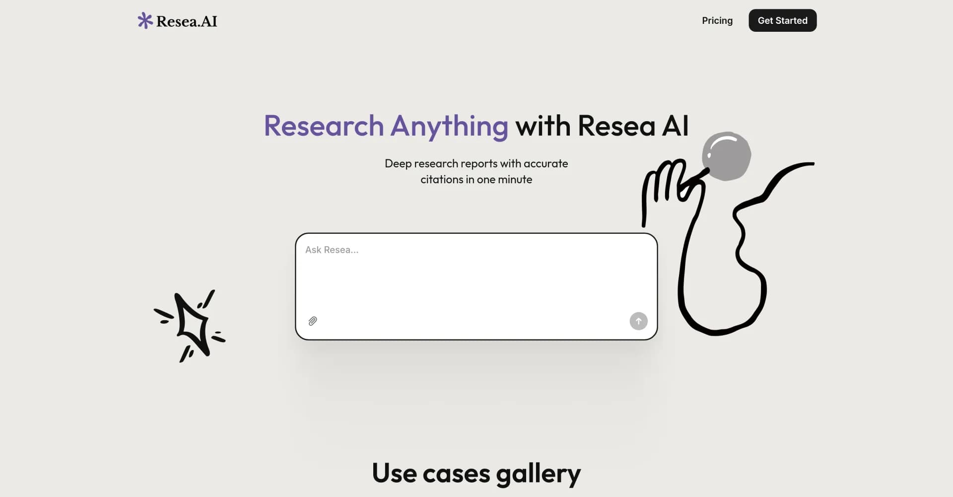 Resea AI homepage screenshot — Deep research reports with accurate citations in one minute