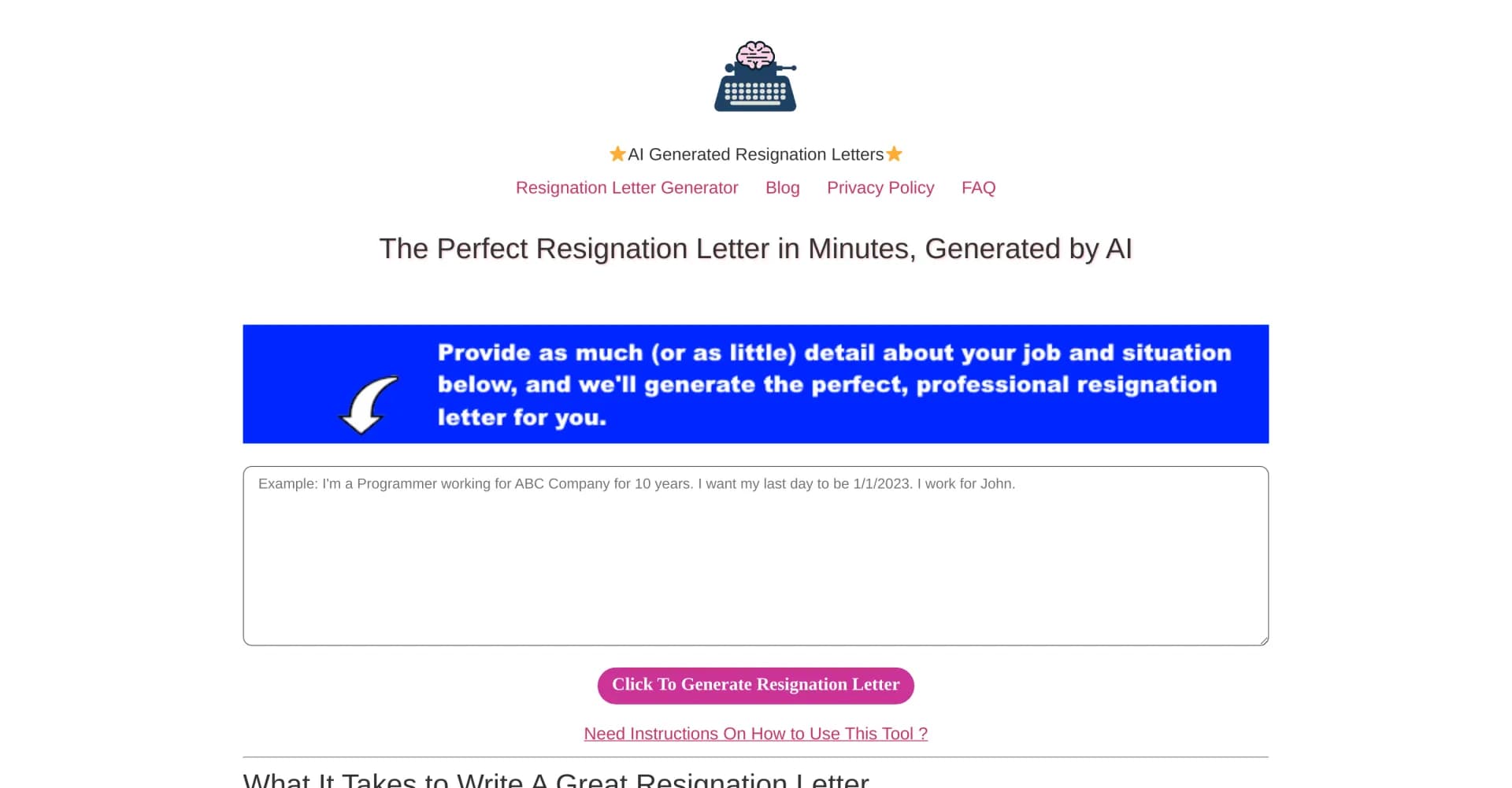 Just Resignation Letters homepage screenshot — Create perfect resignation letters in seconds with AI