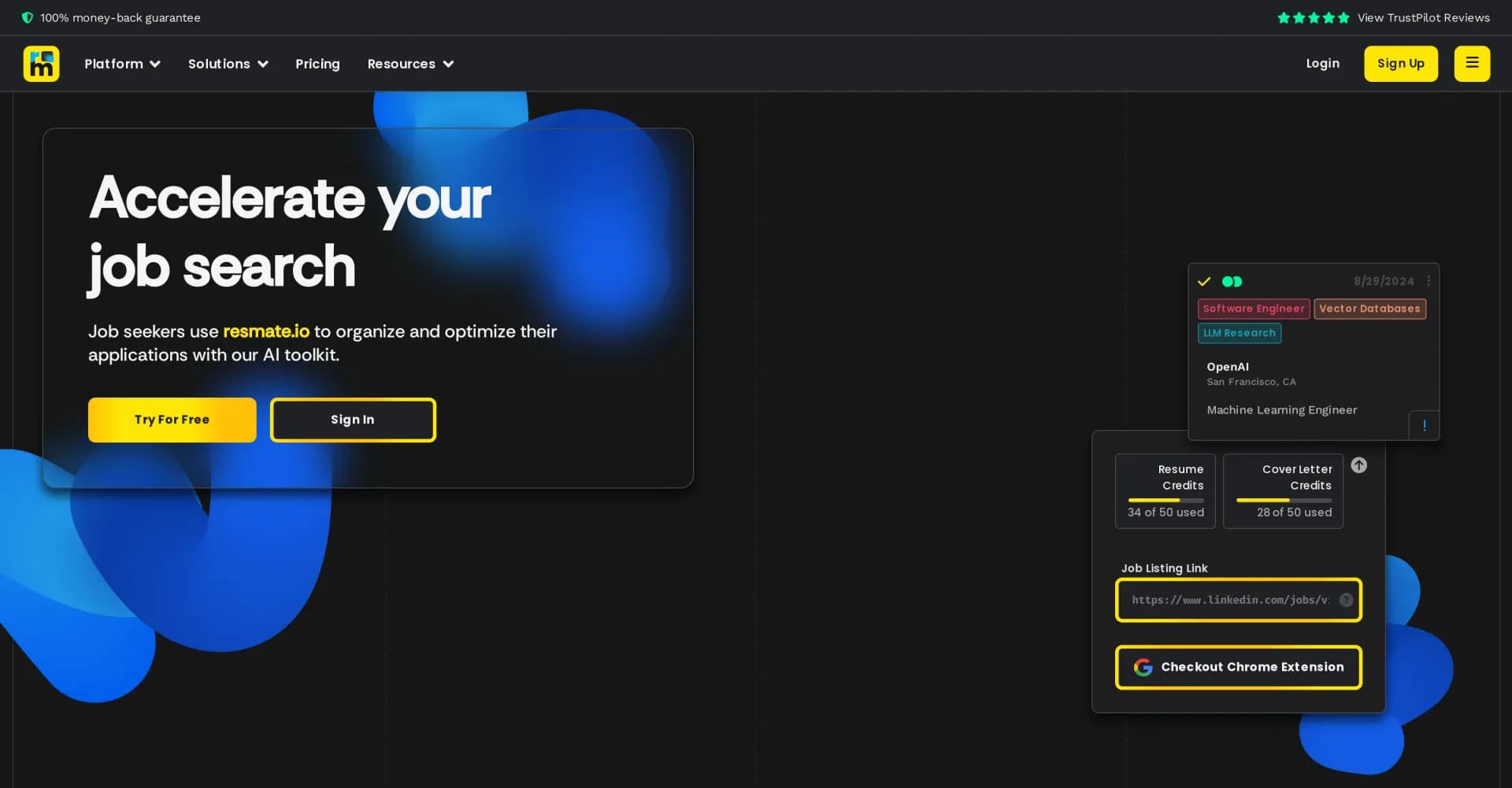 Resmate homepage screenshot — Create job-optimized resumes and cover letters in seconds.