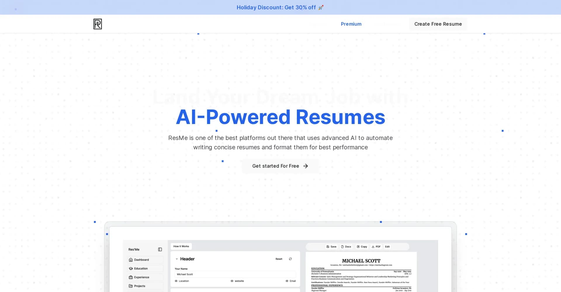 ResMe.xyz homepage screenshot — Create professional resumes with AI-powered automation