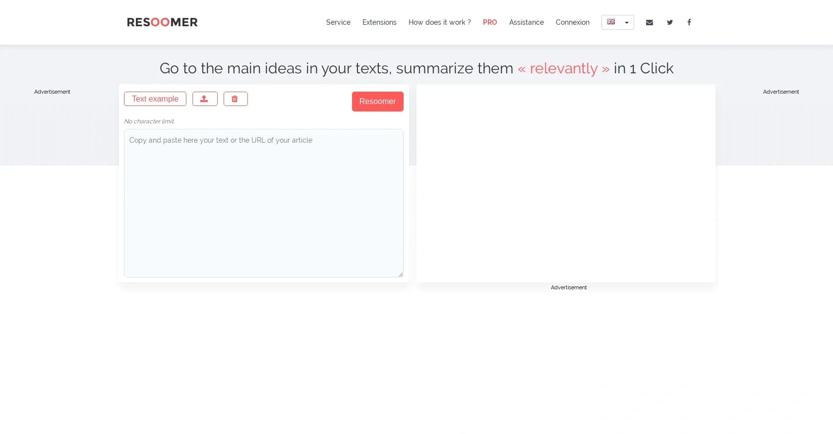 Resoomer homepage screenshot — Summarize and analyze text with AI precision.