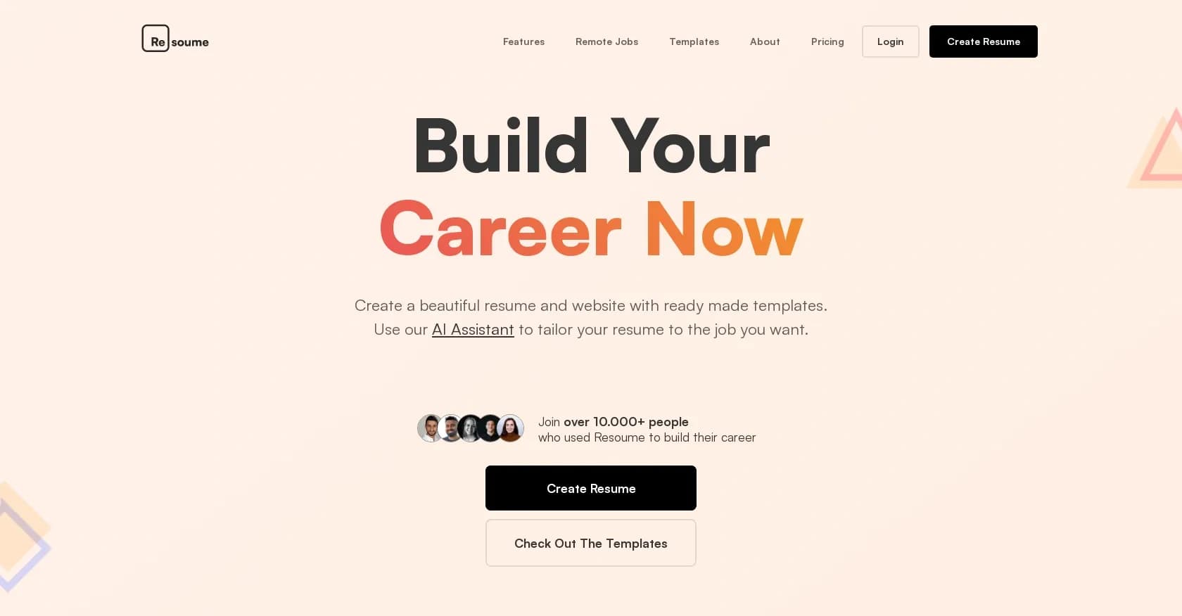 Resoume homepage screenshot — AI-powered resume builder for standout applications