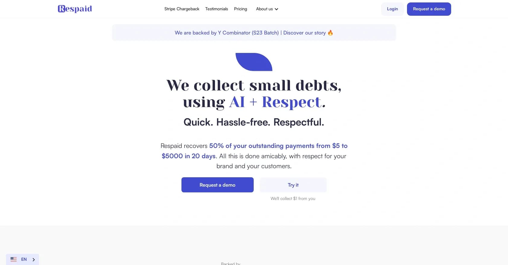Respaid homepage screenshot — Collect small debts with AI and respect.