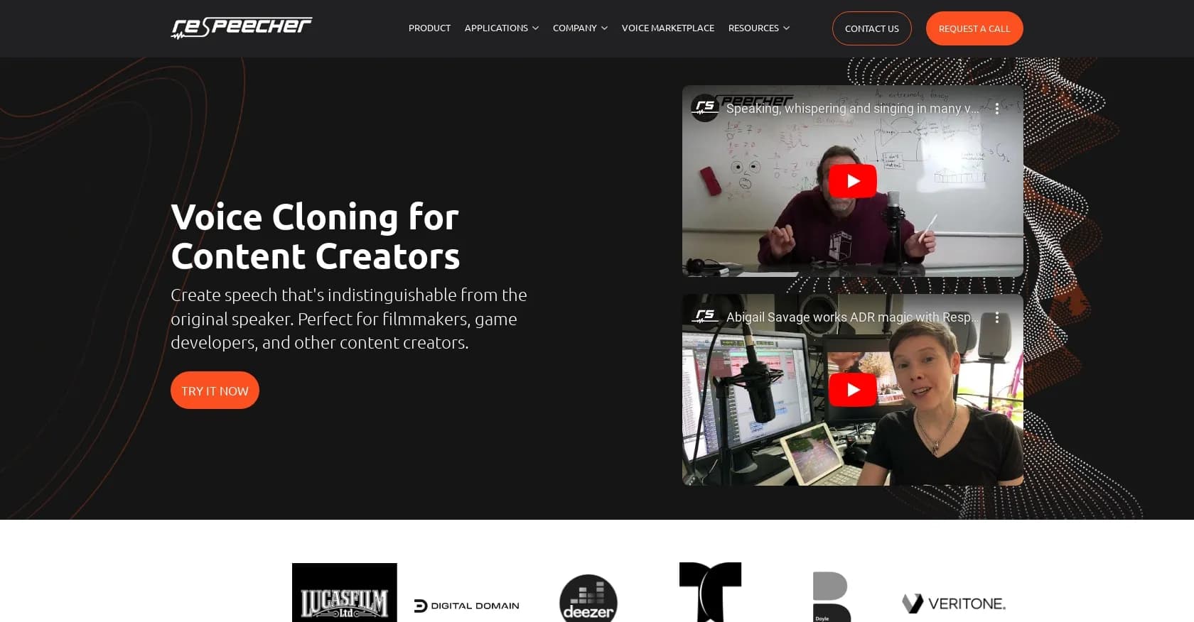 Respeecher homepage screenshot — Clone voices for content creation.