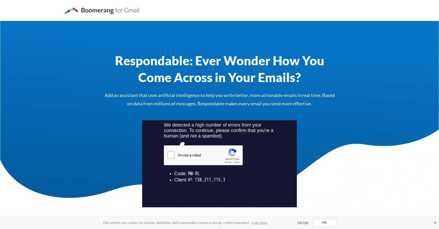 Respondable homepage screenshot — AI-powered assistant for more effective emails.