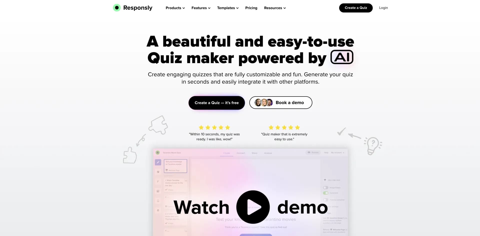 Responsly homepage screenshot — Create engaging quizzes that generate leads