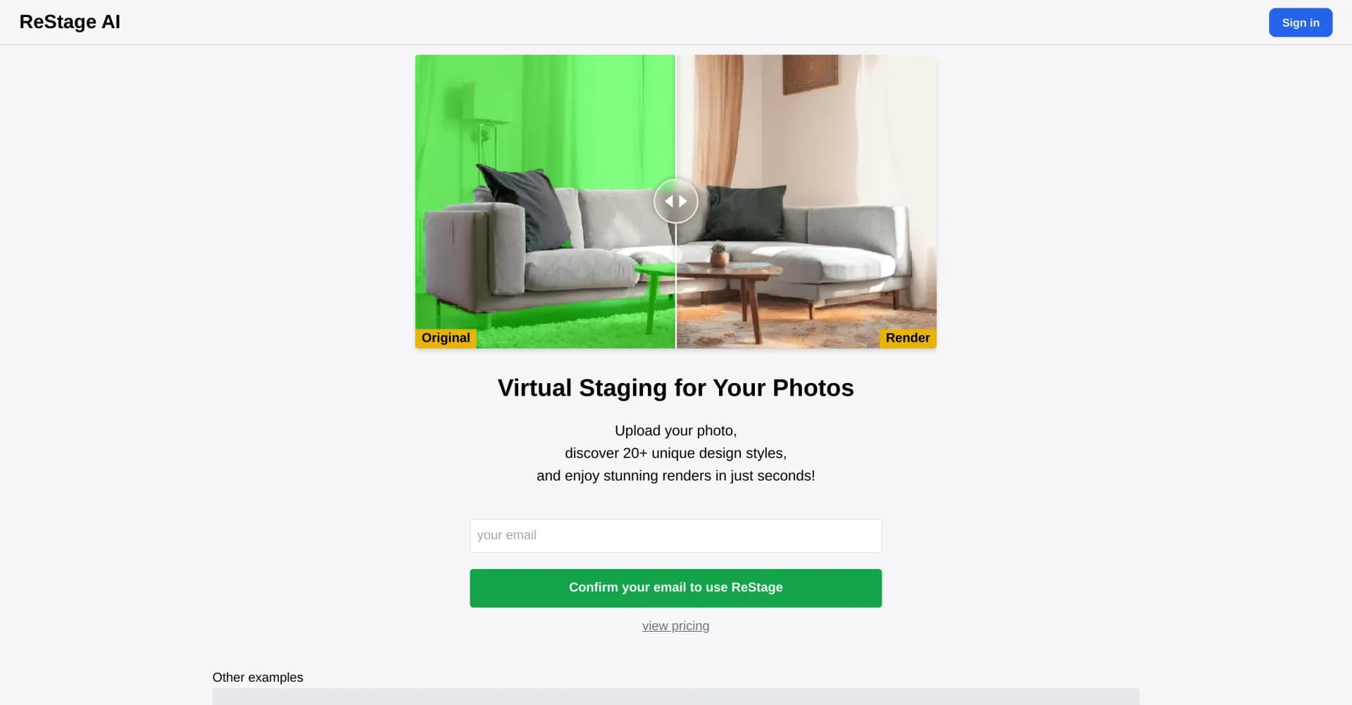 ReStage homepage screenshot — Transform photos into stunning design renders instantly.