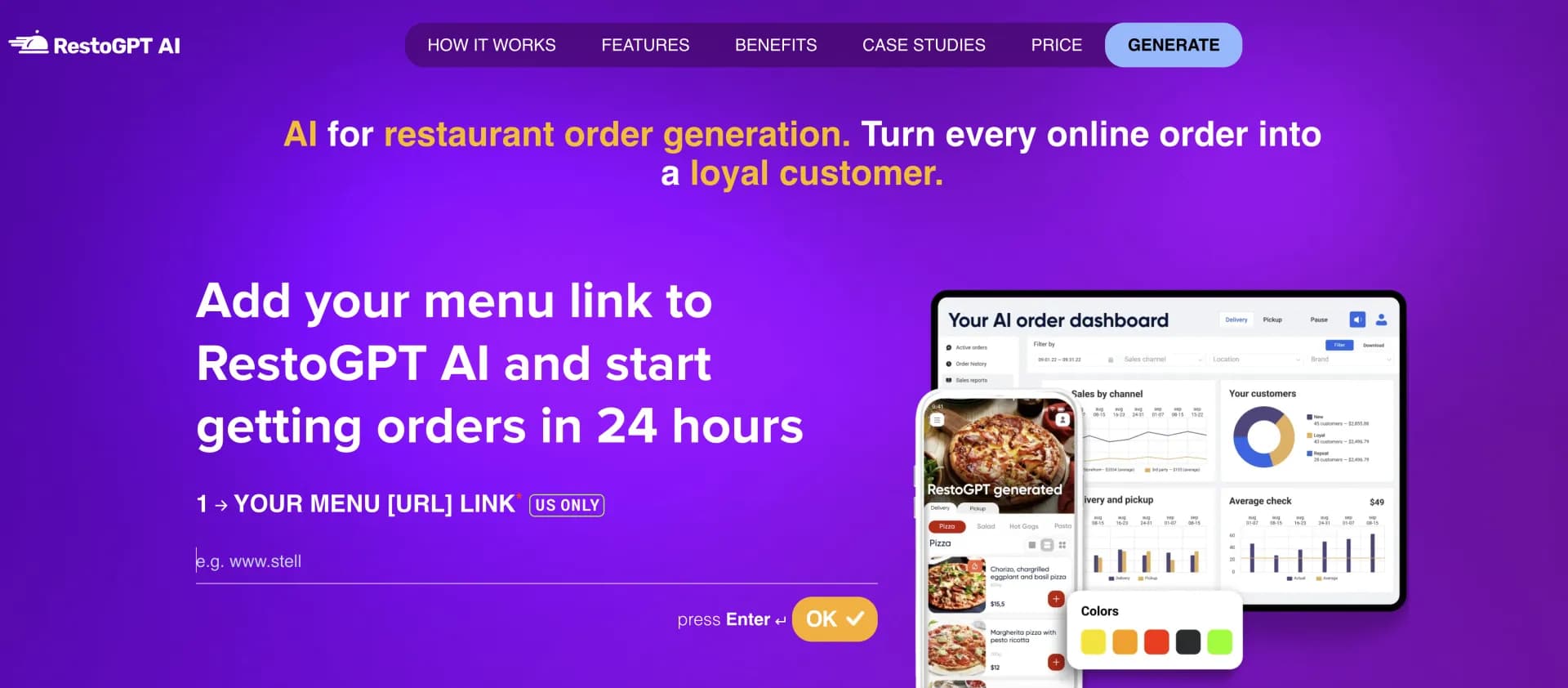 RestoGPT homepage screenshot — AI turns menus into instant food delivery apps