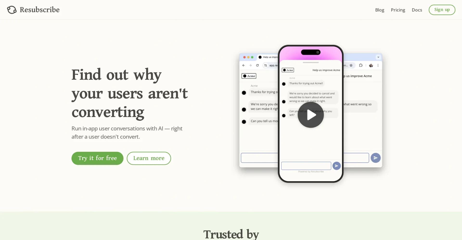 Resubscribe homepage screenshot — Uncover user conversion roadblocks with AI conversations.