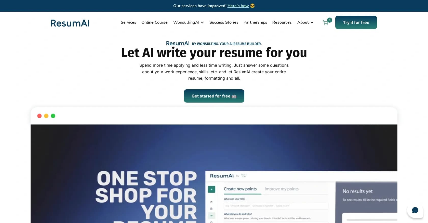 ResumAI homepage screenshot — Create the perfect resume with AI.
