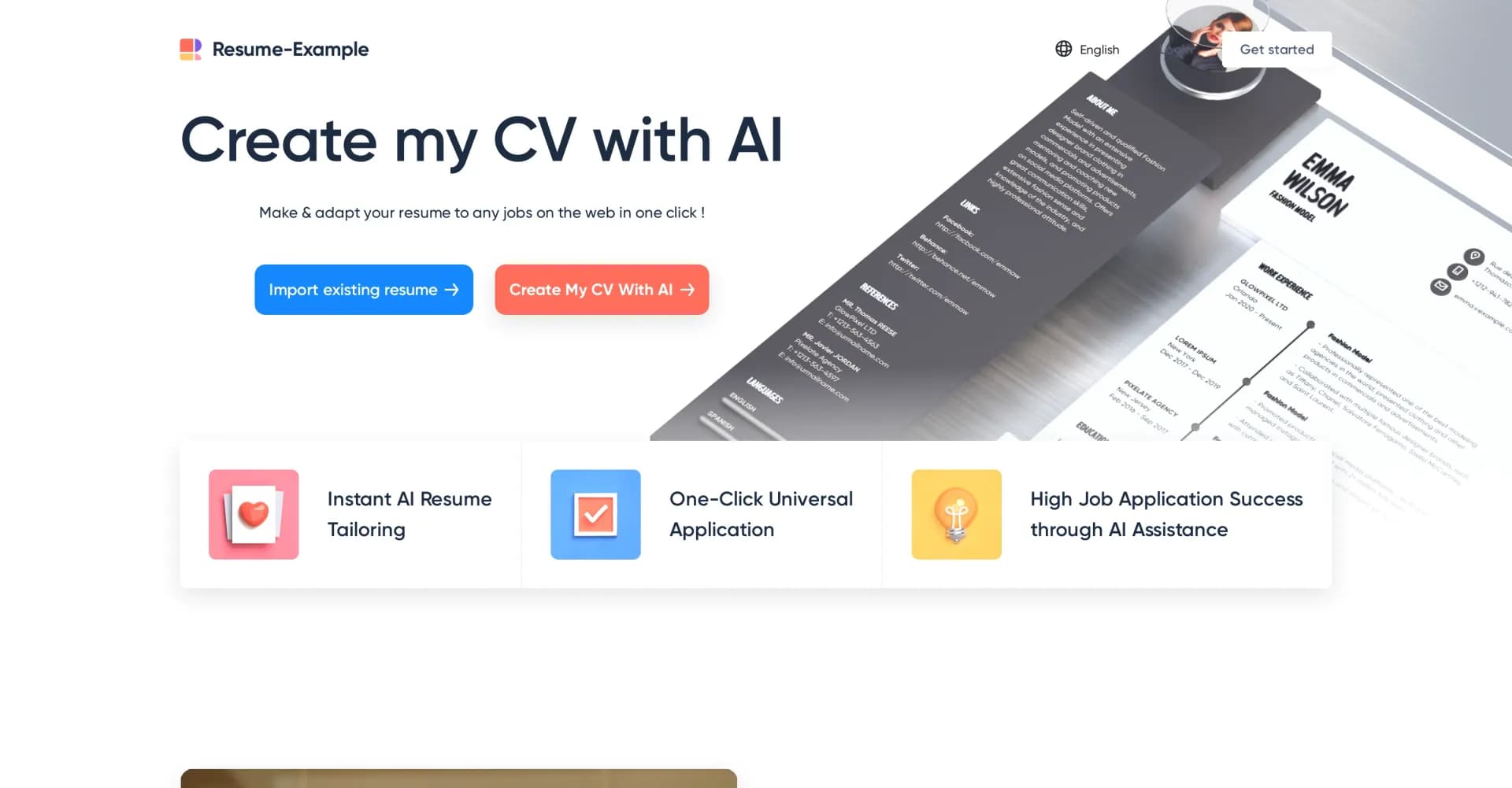 Resume-Example homepage screenshot — Create amazing resumes with professional templates and examp