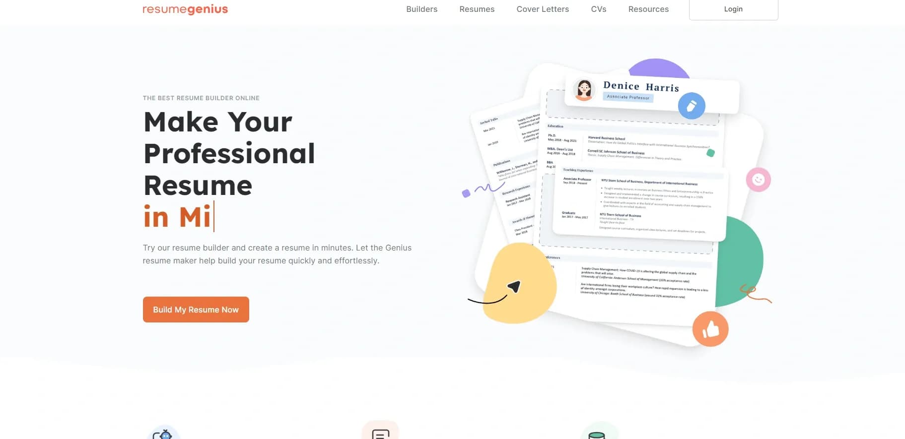 Resume Genius homepage screenshot — Create professional resumes effortlessly.
