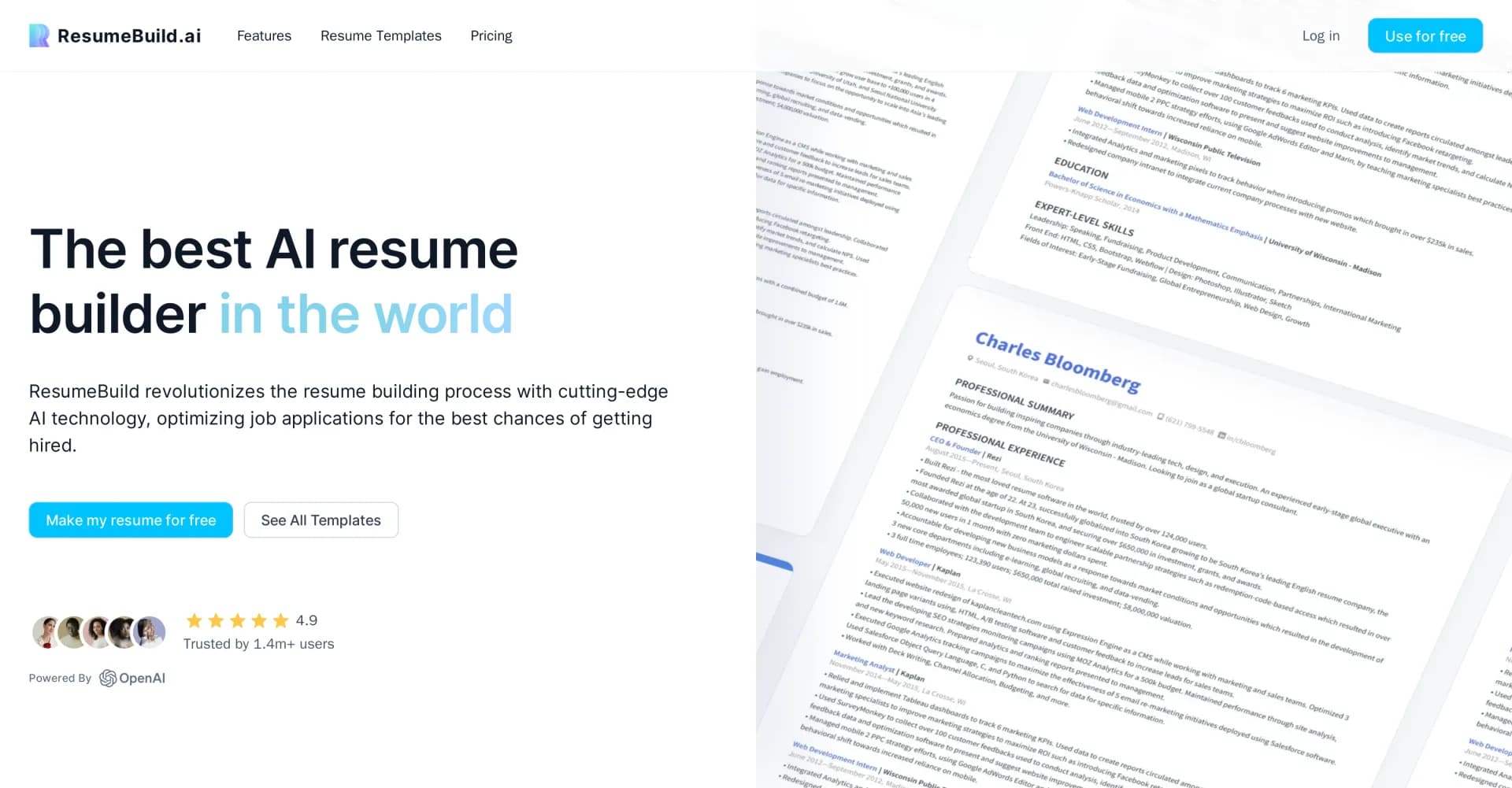 ResumeBuild homepage screenshot — Revolutionizing resume building with AI technology.