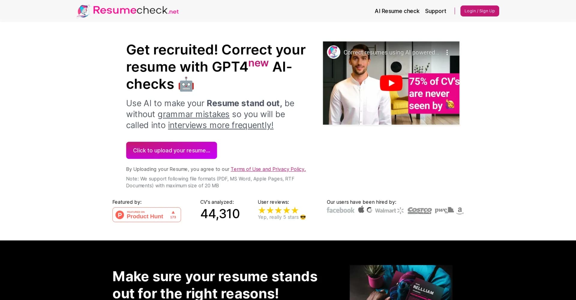 Resumecheck homepage screenshot — AI-powered resume improvement in one minute