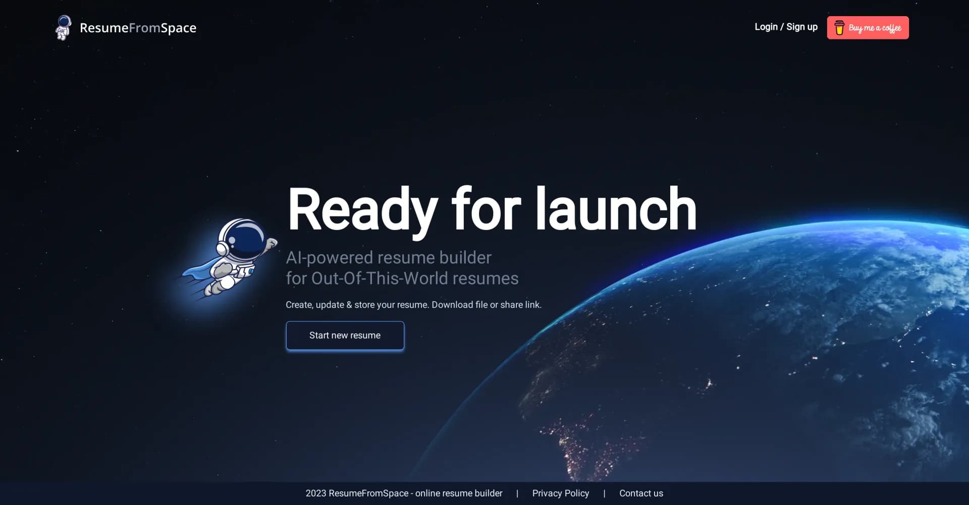 ResumeFromSpace homepage screenshot — Craft stellar resumes with AI assistance