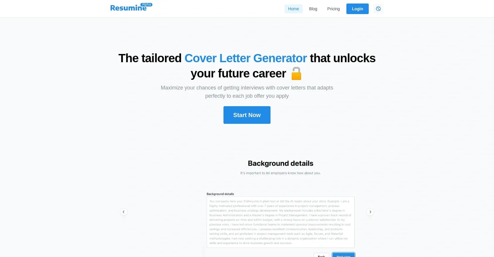 Resumine homepage screenshot — Generate tailored cover letters that unlock your future care