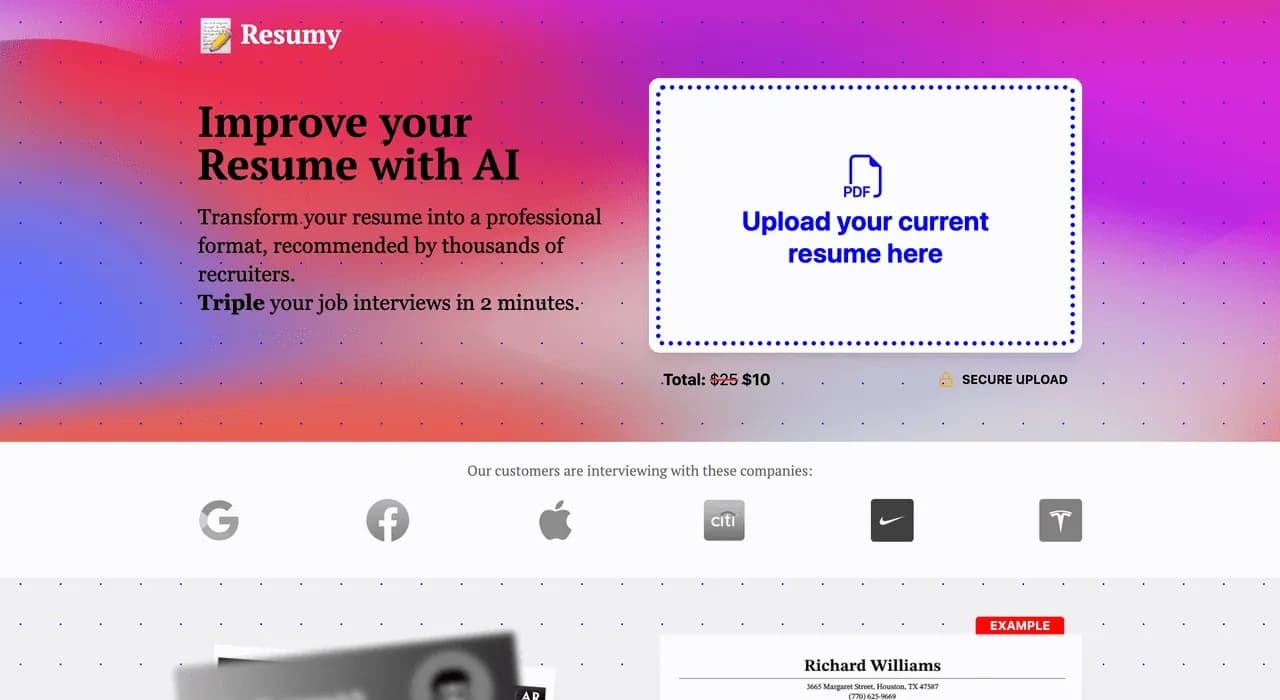 Resumy homepage screenshot — Create a professional resume in 1 minute with AI