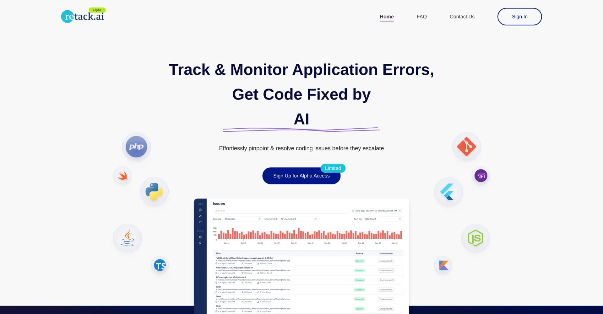 Retack homepage screenshot — AI-powered error tracking and code fixing